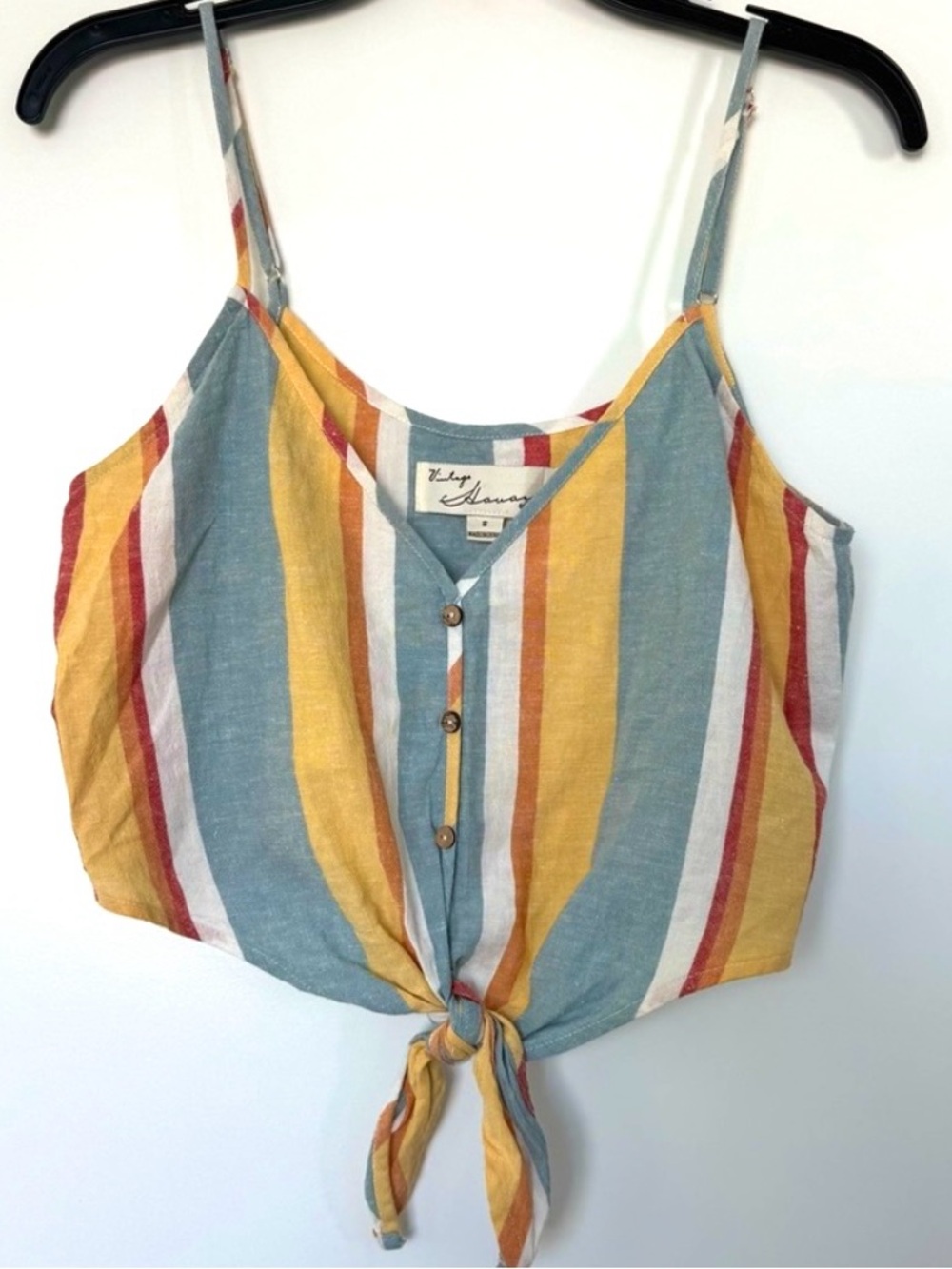 Vintage Havana Striped Crop Top Linen Blend Tie Front Cami Size S Coastal Resort